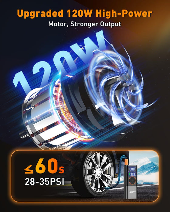 Fast inflation tire pump with 150 PSI digital display and preset modes
