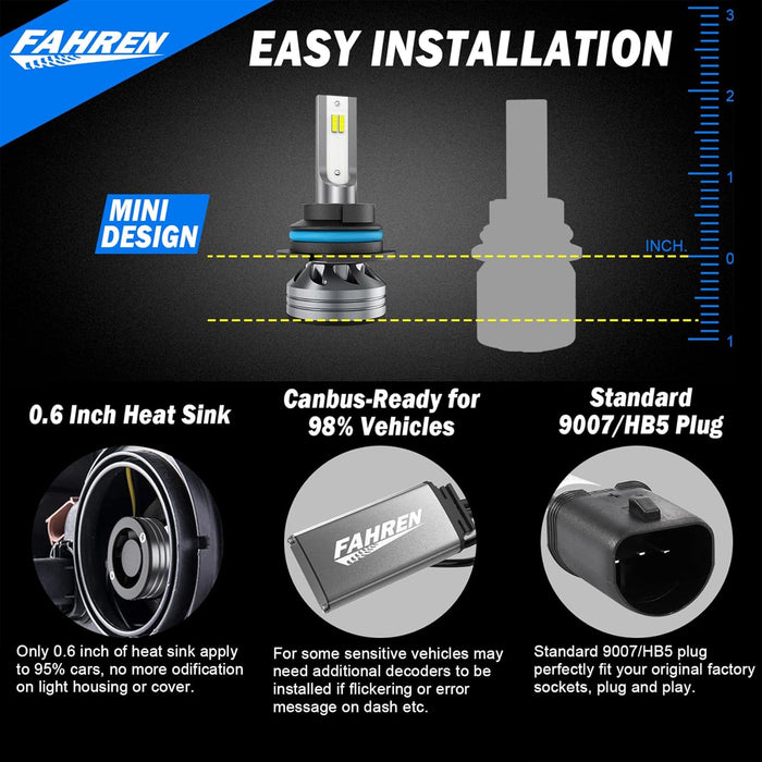FAHREN 9007 Fog Light Bulb, 800% Brightness 6500K Cool White