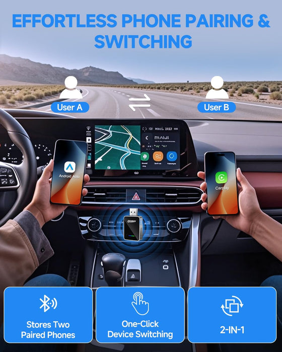 Fahren 2-in-1 Wireless CarPlay Adapter, Plug & Play, One-Click User Switching, Converts Wired to Wireless Car Play Adapter, Compatible iOS 12 & Android 11 with USB Type-A & Type-C
