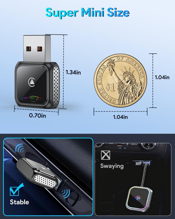 FAHREN Super Mini Wireless CarPlay Adapter (Latest Upgraded)-Bluetooth Apple Car Play Dongle, Zero Latency, Stable Connection, Compatible with iPhone 6+ & Android Auto 10+, Cars from 2017, USB/Type-C
