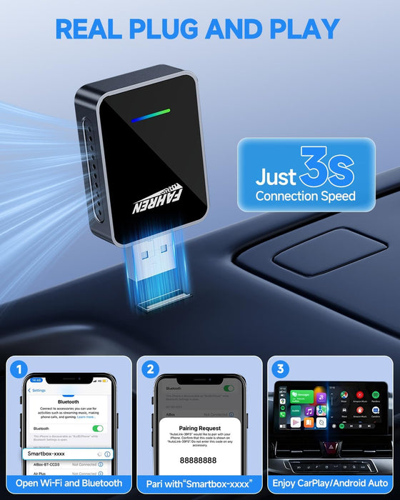 Fahren 2-in-1 Wireless CarPlay Adapter, Plug & Play, One-Click User Switching, Converts Wired to Wireless Car Play Adapter, Compatible iOS 12 & Android 11 with USB Type-A & Type-C