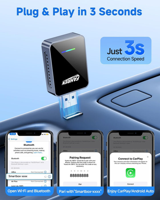 Fahren 2-in-1 Wireless CarPlay Adapter, Plug &amp; Play, One-Click User Switching