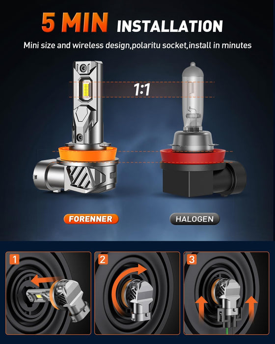 forenner Latest Upgraded H11/H9/H8 9005/HB3 Light Bulbs, Ultra Brightness 6500K Cool White, H11 9005 Fog Light Bulbs, 1:1 Mini Size Front Fog Lamps, Play-N-Plug, Pack of 4