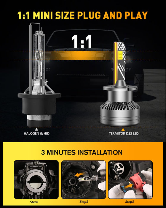 D2S D2R LED Bulbs, 𝟯𝟲,𝟬𝟬𝟬𝗟𝗠 𝟵𝟬𝟬% Brightness, 6500K Cool White, 1:1 D2S HID Bulb size