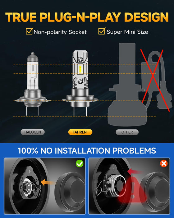 FAHREN H7 LED Headlight Bulb, 1:1 Size H7 LED Bulb, Plug and Play Non-Polarity All-in-One LED Fog Lights