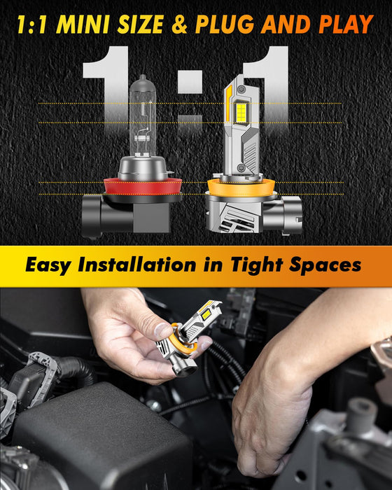 H11/H8/H9 9005/HB3 LED Bulbs Combo, 60,000LM 900% Ultra-Bright, Real 1:1 Halogen Size, 6500K White 70000Hrs Long Life with Cooling Fan